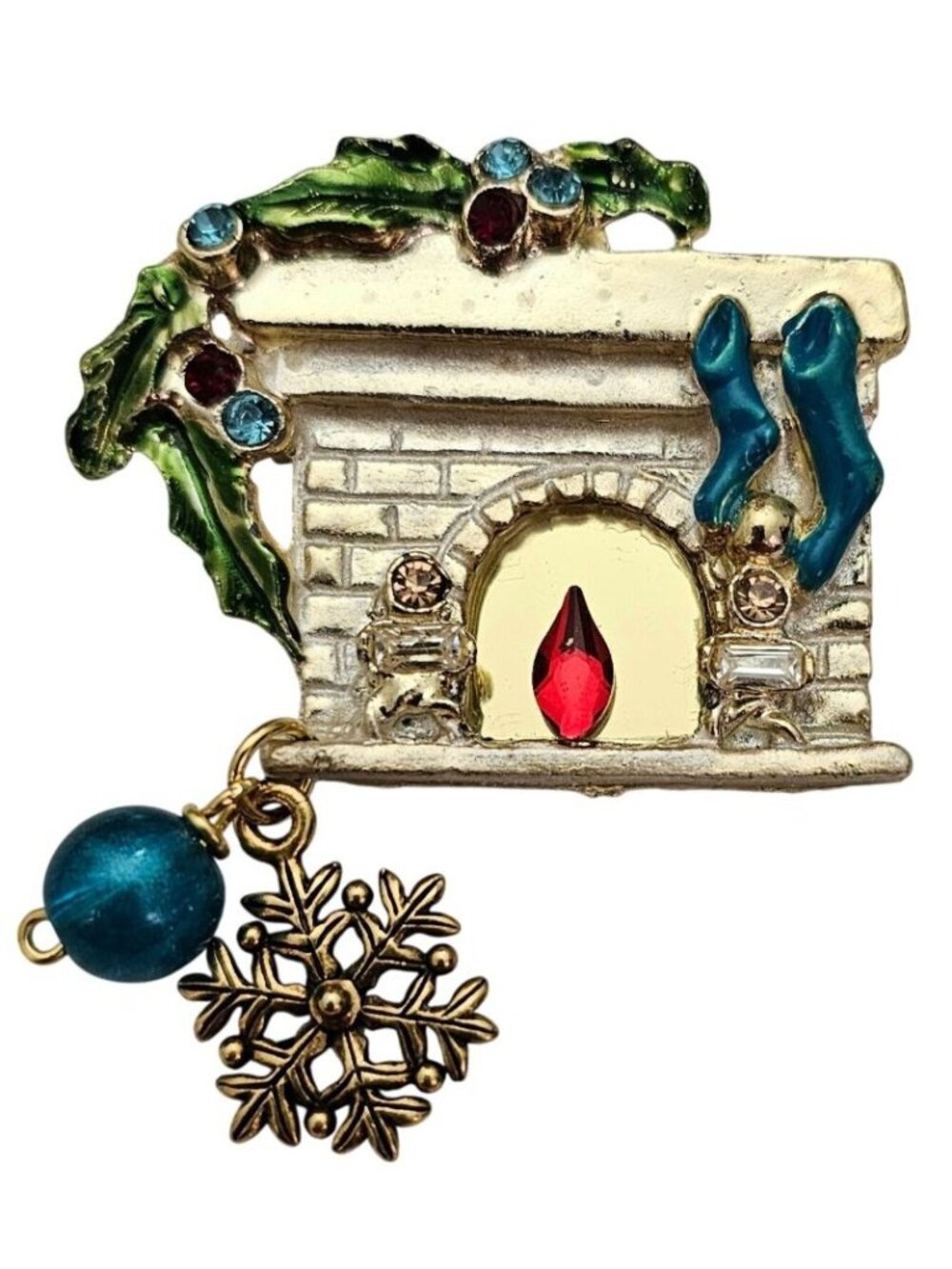 Vintage Fireplace Christmas Teal Blue Bead Snowflakes Charms Rhinestone Pin J951
